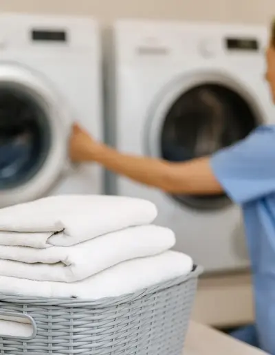 Cesta con asciugamani bianchi puliti in primo piano, sullo sfondo un’operatrice inserisce il bucato in una lavatrice all’interno della lavanderia della residenza.