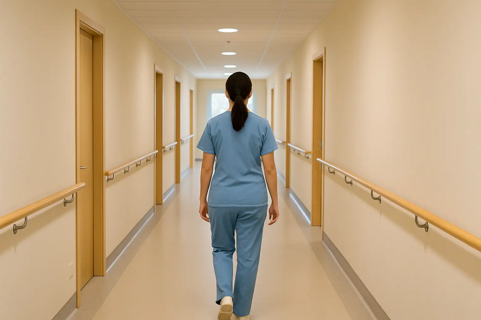 Infermiera che cammina al centro di un lungo corridoio luminoso, in una struttura ospedaliera.