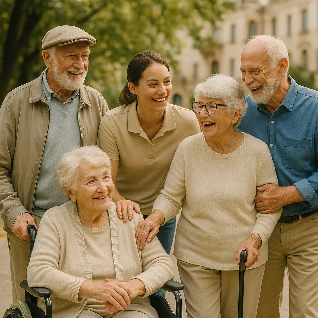 progetti-speciali Quattro anziani a passeggio, seguiti da un'assistente sorridente.