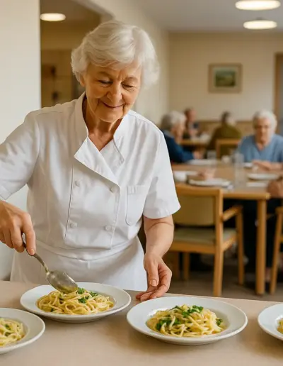 Sala mensa interna con una cuoca che prepara i piatti di pasta per gli ospiti della struttura.
