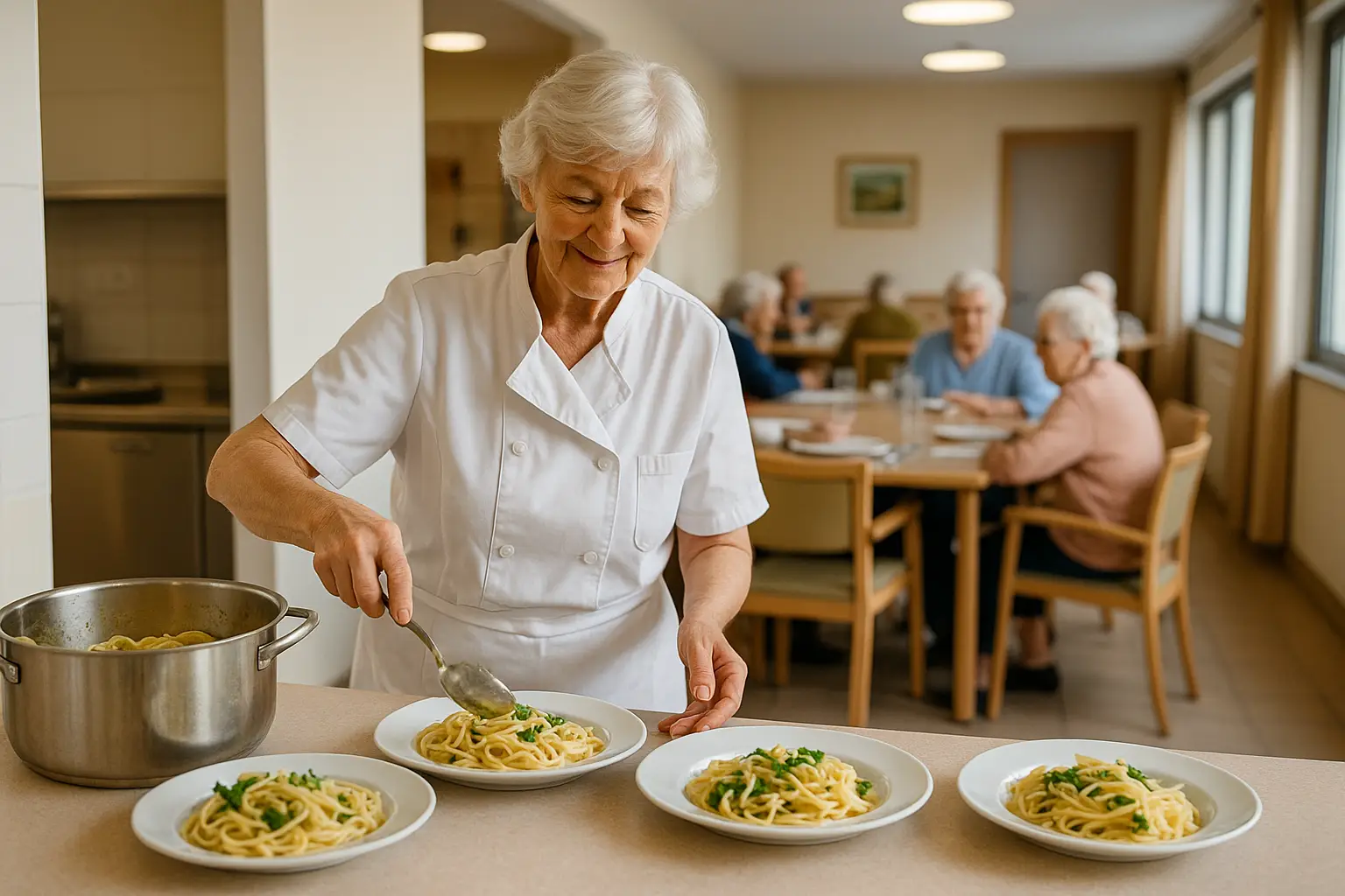 Sala mensa interna con una cuoca che prepara i piatti di pasta per gli ospiti della struttura.