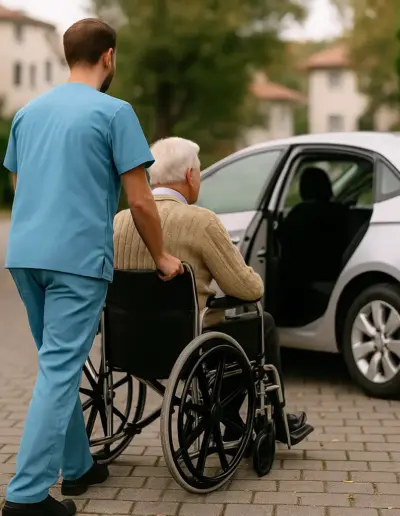 Operatore sanitario che accompagna un anziano in sedia a rotelle verso un’auto per un trasferimento, all’esterno della casa di riposo.
