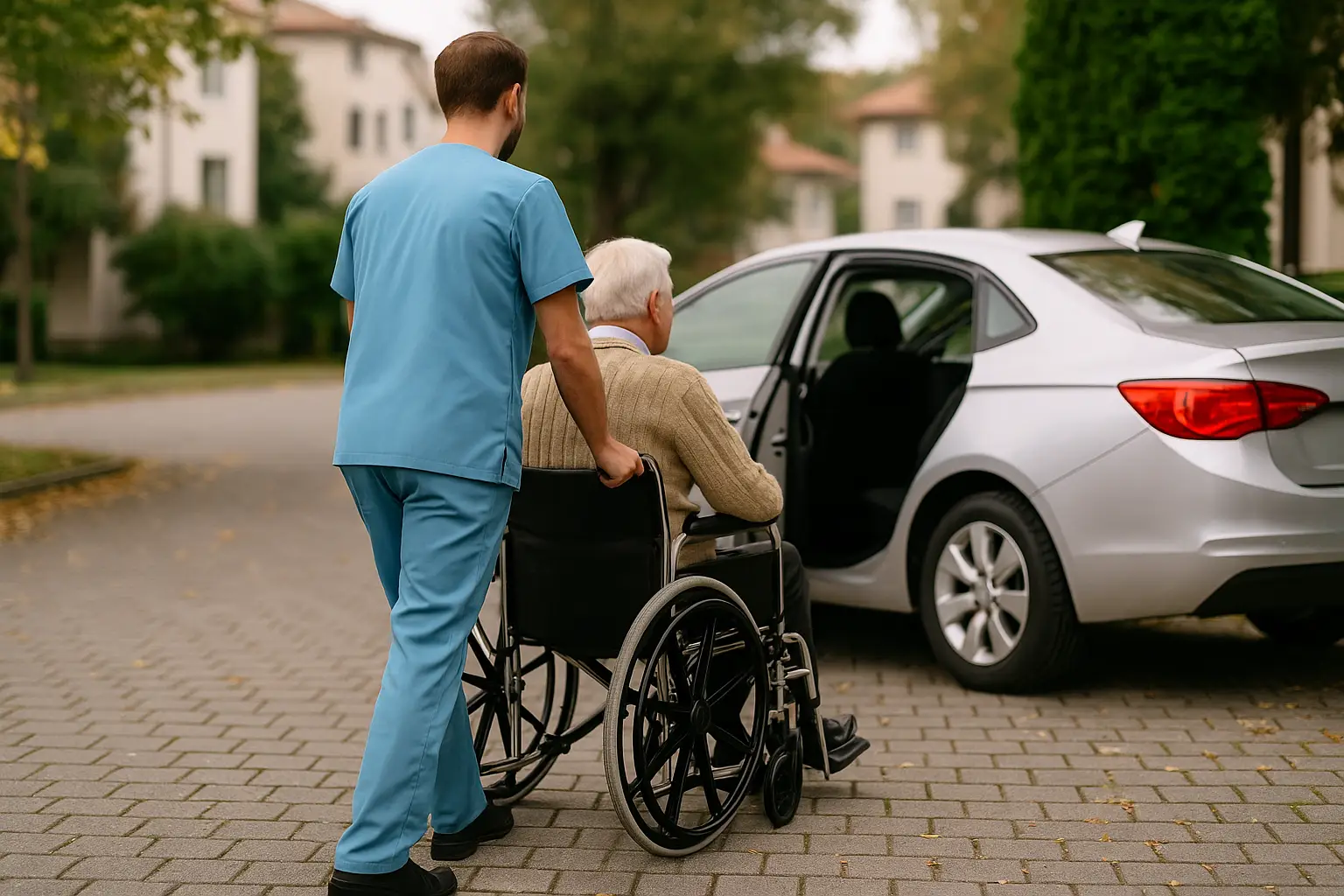 Operatore sanitario che accompagna un anziano in sedia a rotelle verso un’auto per un trasferimento, all’esterno della casa di riposo.